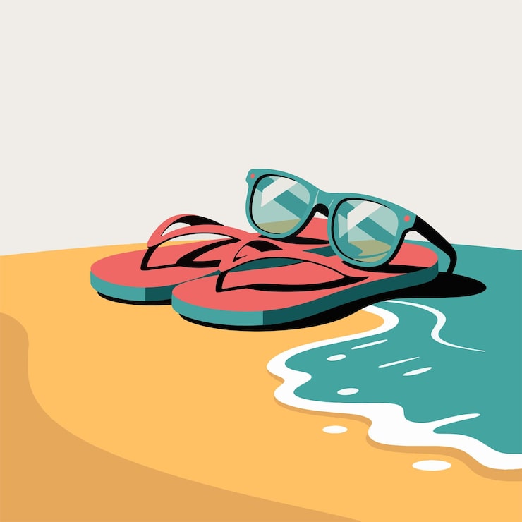 Vecteur tongs et lunettes de soleil sur une plage
