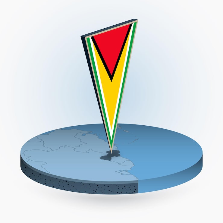 Vector bản đồ guyana theo phong cách isometric tròn với cờ 3d hình tam giác của guyana