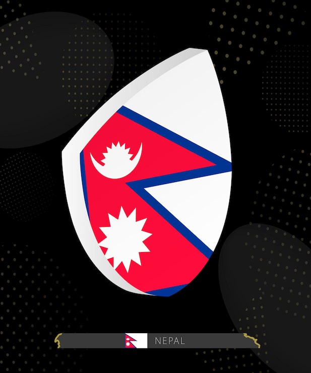 Vector biểu tượng khiên cờ nepal ở dạng 3d trên nền bóng bầu dục trừu tượng hiện đại tối màu