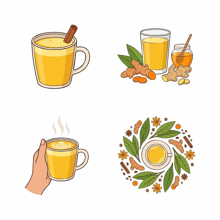 Vector bộ hình minh họa latte nghệ sữa vàng