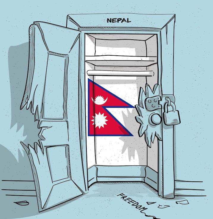 Vector con đường đến tự do của nepal một minh họa chính trị về một cánh cửa bị hỏng nhưng bị khóa