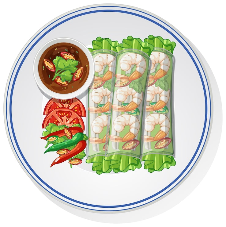 Vector gỏi cuốn tôm tươi với nước chấm trên đĩa