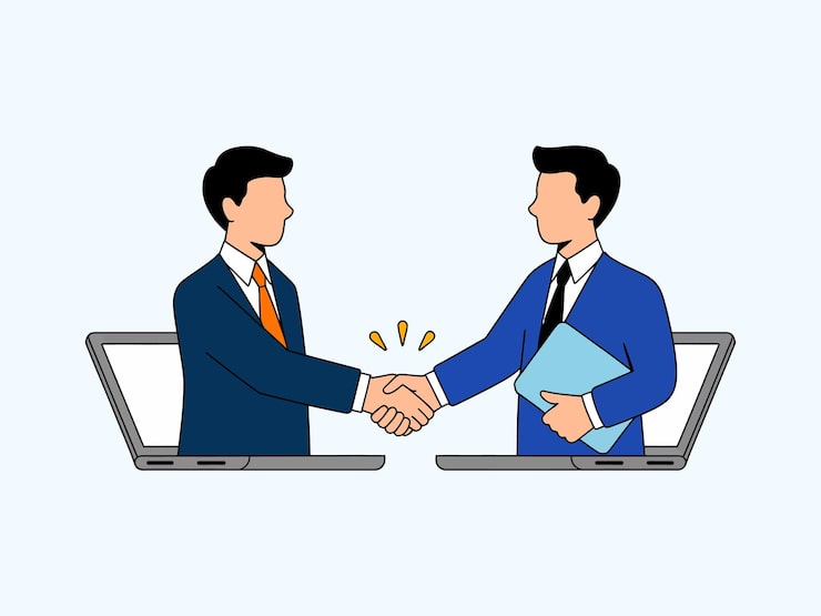 Vector hai doanh nhân bắt tay trên máy tính xách tay trong mối quan hệ đối tác kỹ thuật số