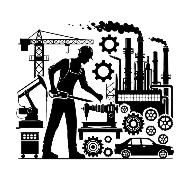 Vector hình bóng một công nhân với cần cẩu