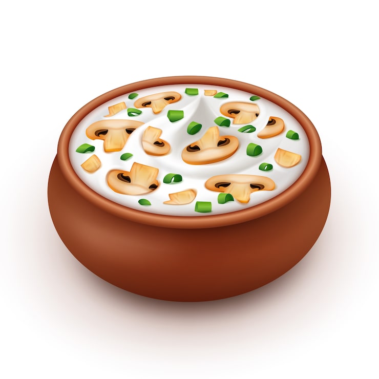 Vector hũ gốm đựng sốt kem với hành tây, nấm champignon