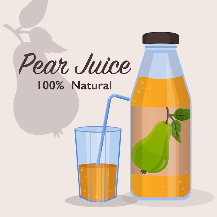 Vector khái niệm nước ép lê tươi trong chai thủy tinh và nước ép trái cây trong ly