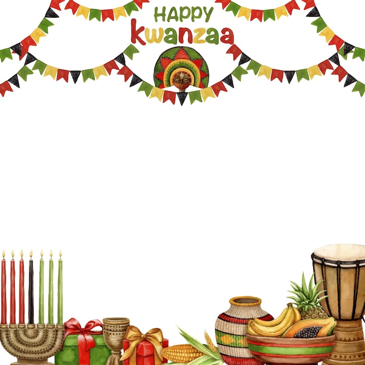 Vector khung vuông chúc mừng kwanzaa với vòng hoa, kinara, trống, đĩa trái cây và quà tặng vẽ tay bằng màu nước