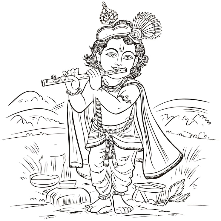 Vector lễ kỷ niệm lễ hội janmashtami của ấn độ, thần krishna chơi sáo