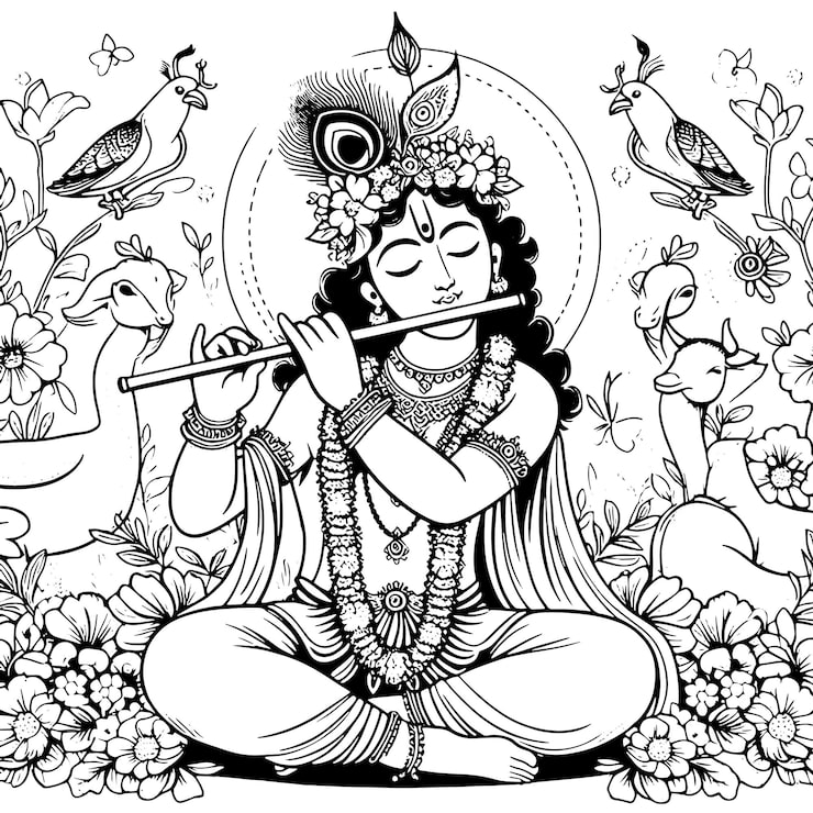 Vector một bức vẽ một người phụ nữ cầm sáo trên tay krishna janmashtami