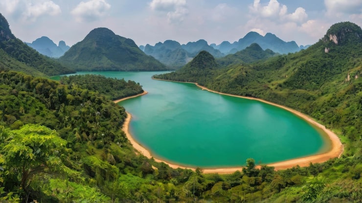 Vector một hồ nước với núi ở nền