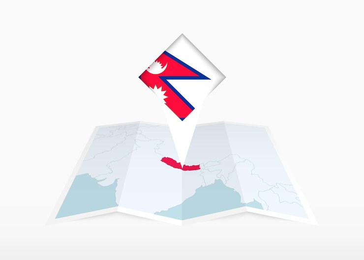 Vector nepal được mô tả trên bản đồ giấy gấp và ghim đánh dấu vị trí với cờ nepal.
