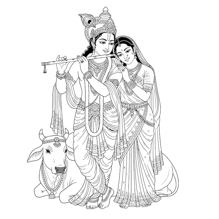 Vector nghệ thuật đường nét thần krishna và radha cùng sáo và bò.