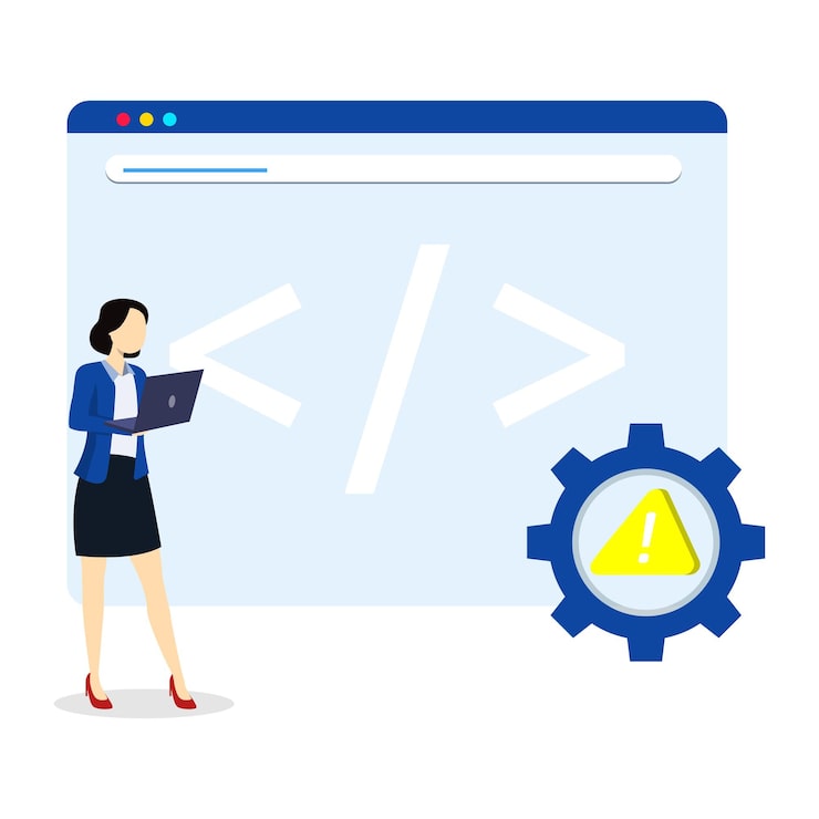 Vector nữ lập trình viên gỡ lỗi mã trên giao diện trình duyệt web