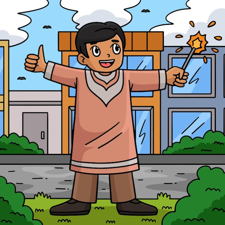 Vector phác thảo hoạt hình màu em bé diwali cầm pháo điện