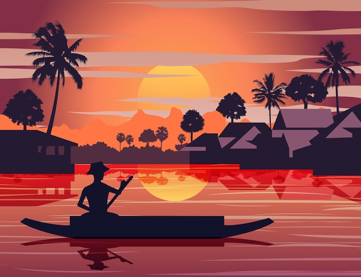 Vector phong cảnh hoàng hôn và chùa thái lan với một chiếc thuyền đang chèo xung quanh khu vực nông thôn có cây cối, mang đậm phong cách sống phương đông