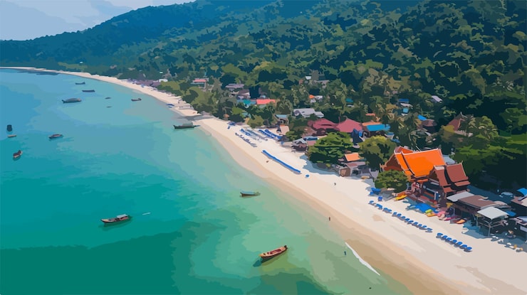 Vector tòa nhà du lịch bên bờ biển từ trên cao