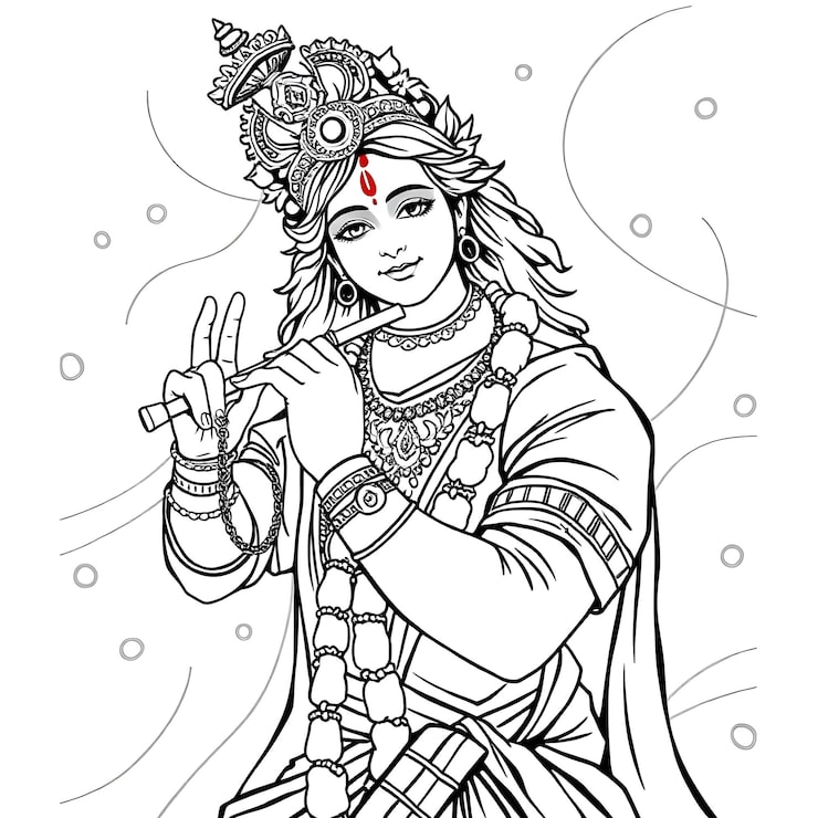 Vector trang tô màu vẽ chúa krishna chơi sáo