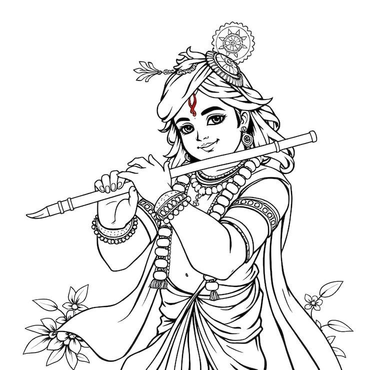 Vector trang tô màu vẽ chúa krishna chơi sáo