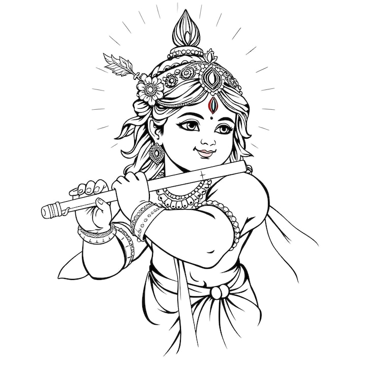 Vector trang tô màu vẽ chúa krishna chơi sáo