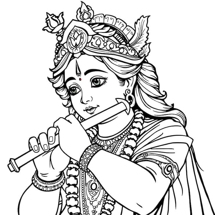 Vector trang tô màu vẽ chúa krishna chơi sáo