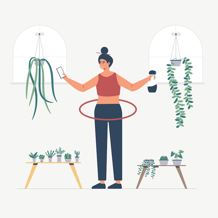 Vector gratuito el ama de casa está cuidando el jardín mediante varios métodos.