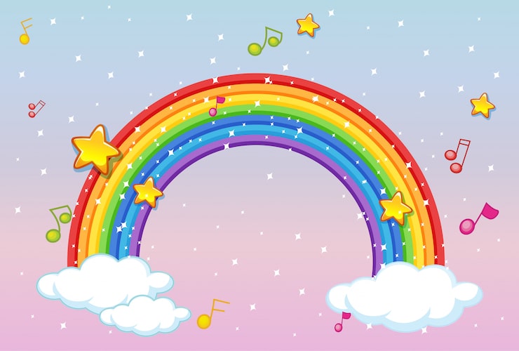 Vector gratuito arco iris con tema musical y brillo en el fondo del cielo pastel