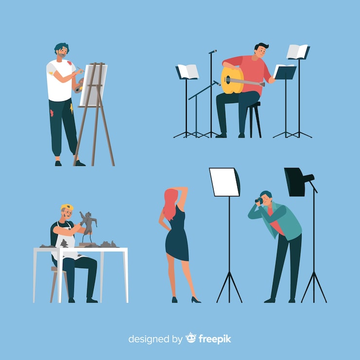 Vector gratuito artistas planos en la colección de trabajo