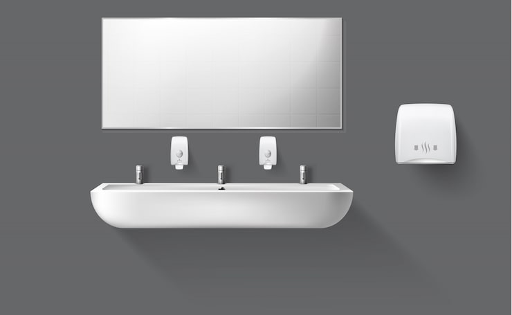 Vector gratuito aseo público con lavabo de cerámica y espejo.