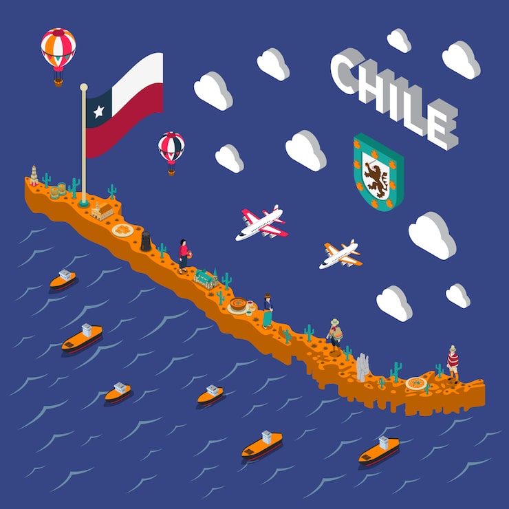Vector gratuito atracciones turísticas símbolos isométricos chile mapa