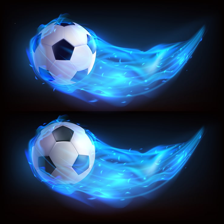 Vector gratuito balón de fútbol volando en fuego azul