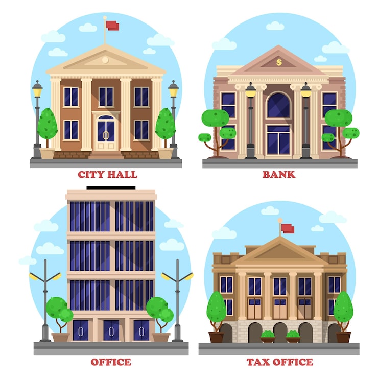 Vector gratuito banco con signo de dólar y oficina de rascacielos ayuntamiento nacional con bandera y edificio de ingresos fiscales
