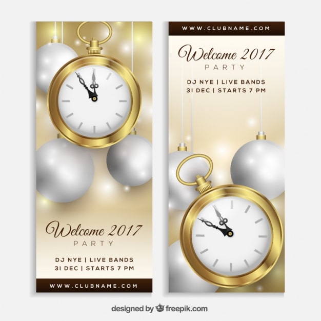 Vector gratuito banners de año nuevo con reloj y bolas de navidad
