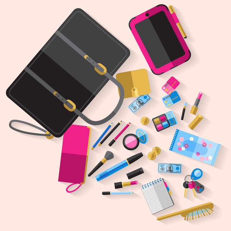 Vector gratuito bolso plano de mujer abierta bolso contenido