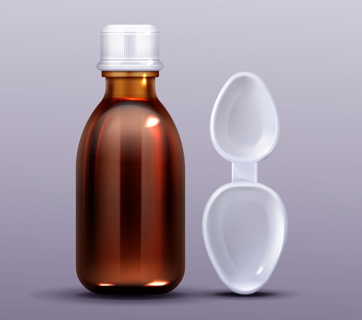 Vector gratuito botella de jarabe para la tos y cuchara de plástico, farmacia