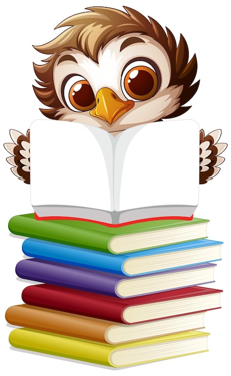 Vector gratuito búho curioso leyendo una pila de libros