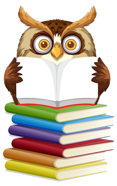 Vector gratuito el búho sabio leyendo en la pila de libros