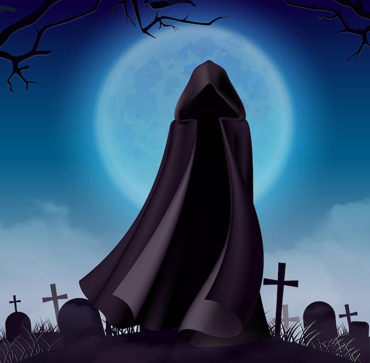 Vector gratuito capa de fantasmas de halloween en la noche con luna grande y vista del cementerio con vestido oscuro