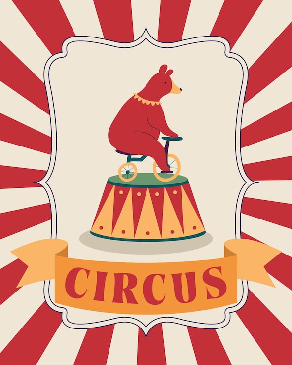 Vector gratuito cartel de oso de circo en bicicleta