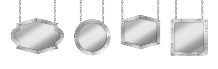 Vector gratuito carteles de metal, tableros plateados cuelgan de cadenas.