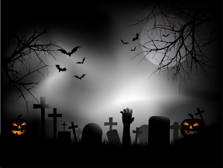 Vector gratuito cementerio espeluznante con mano zombie saliendo del suelo