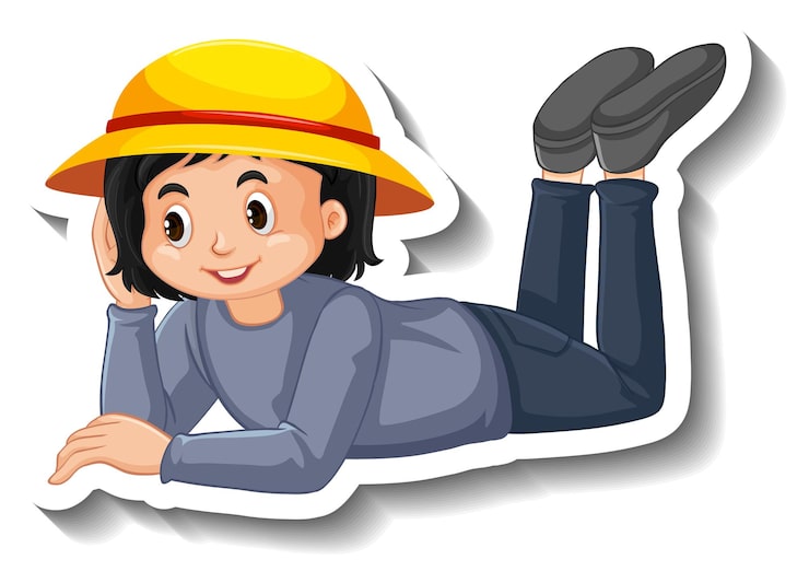 Vector gratuito chica acostada en el suelo pegatina de dibujos animados