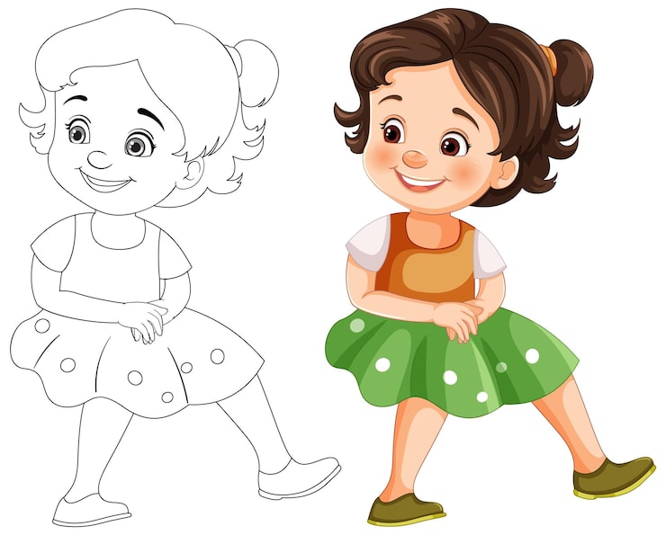 Vector gratuito una chica alegre con un vestido de polka dot