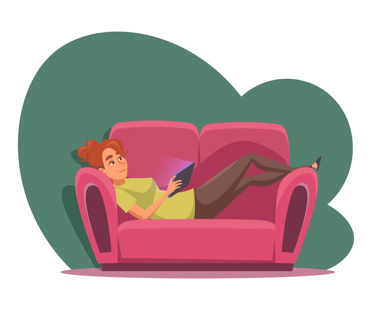 Vector gratuito chica joven viendo una película mujer acostada en el sofá con tableta y sonriente adolescente divirtiéndose navegando por internet
