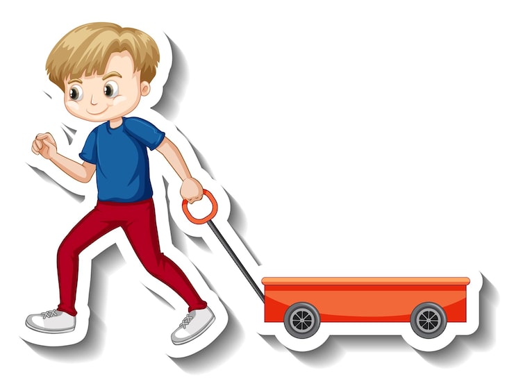Vector gratuito chico tirando de personaje de dibujos animados de carro pegatina