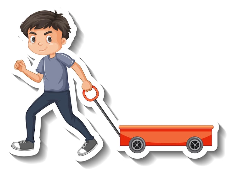 Vector gratuito chico tirando de personaje de dibujos animados de carro pegatina