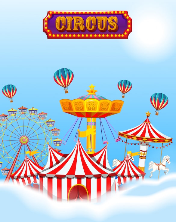 Vector gratuito circo en las nubes y el cielo con carpa y atracciones
