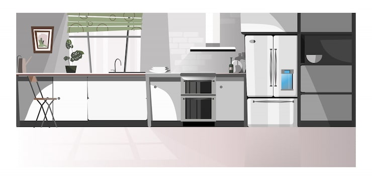 Vector gratuito cocina moderna con ilustración de electrodomésticos.