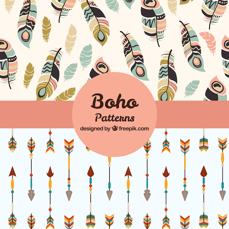 Vector gratuito colección de patrones boho con elementos hippie