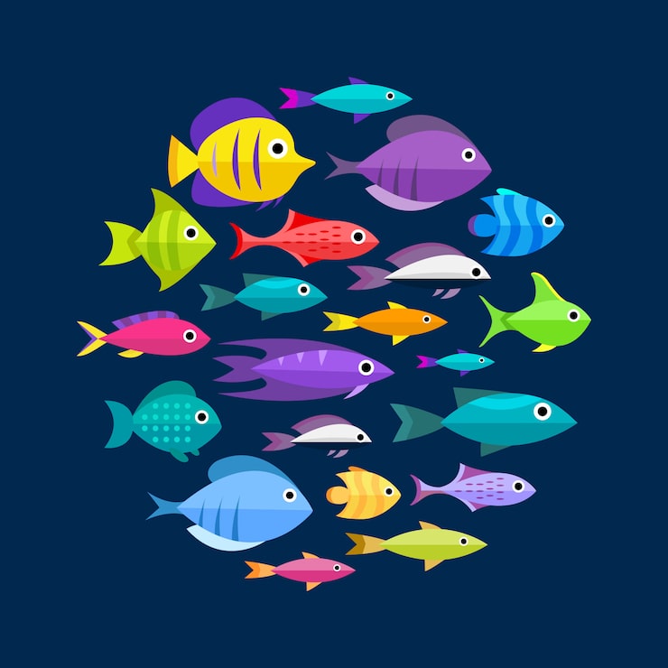 Vector gratuito colección de peces. estilo de dibujos animados ilustración de doce peces diferentes