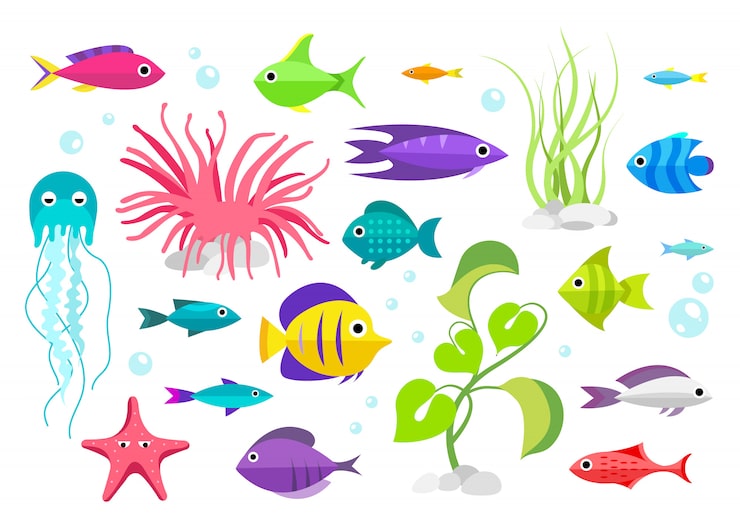 Vector gratuito colección de peces. estilo de dibujos animados ilustración de los habitantes del acuario.